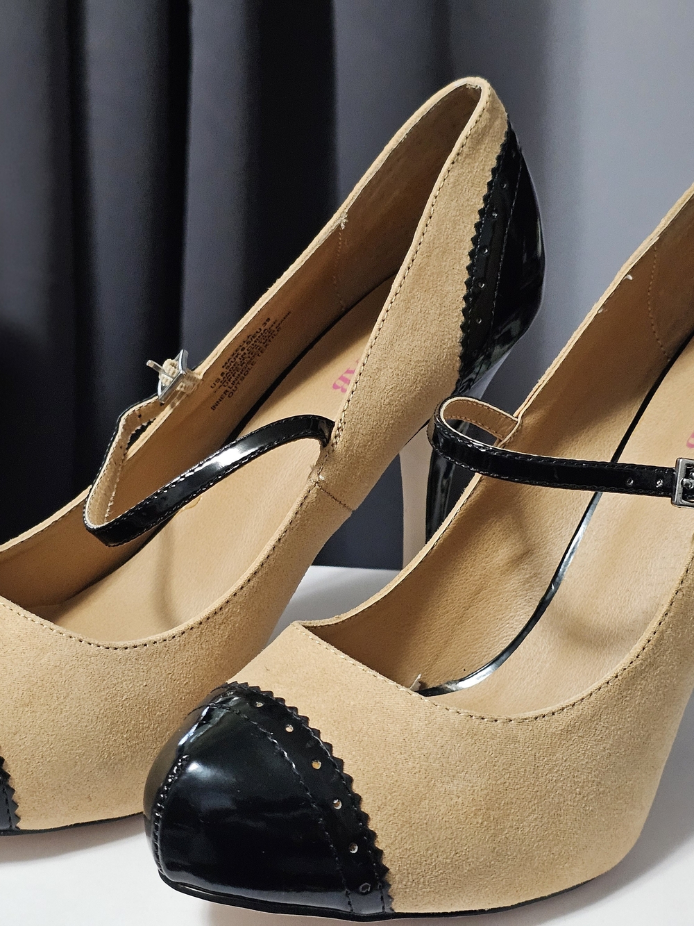 JustFab Beige Suede Mary Jane Pumps with Black Patent Trim